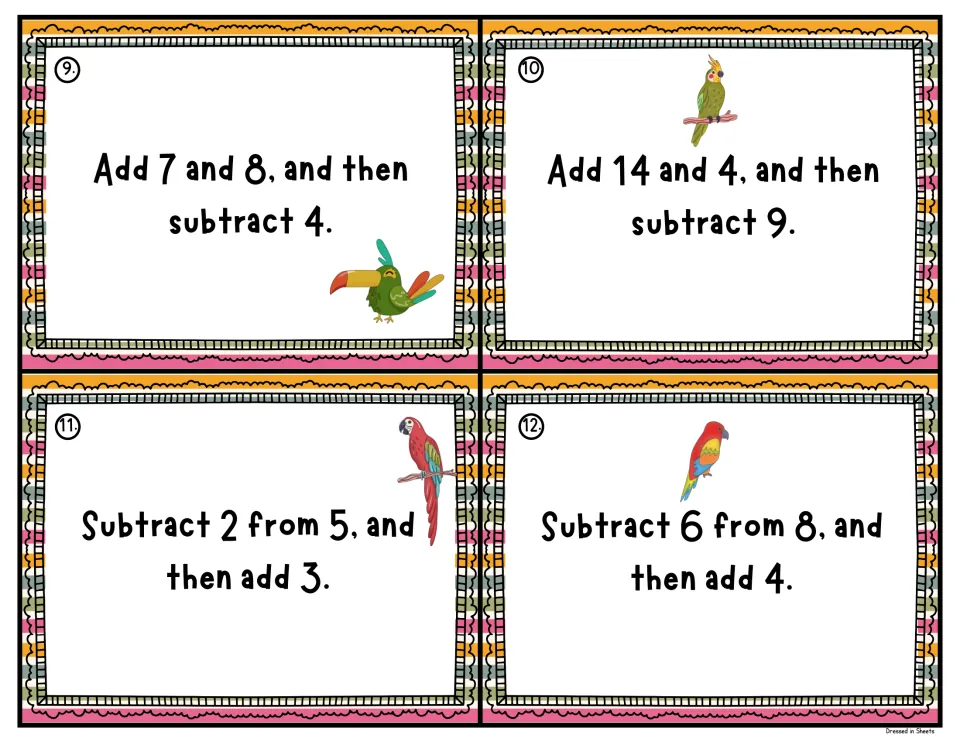 Task cards 9-12: two add-then-subtract cards, then cards switching order, e.g. Subtract 2 from 5, and then add 3