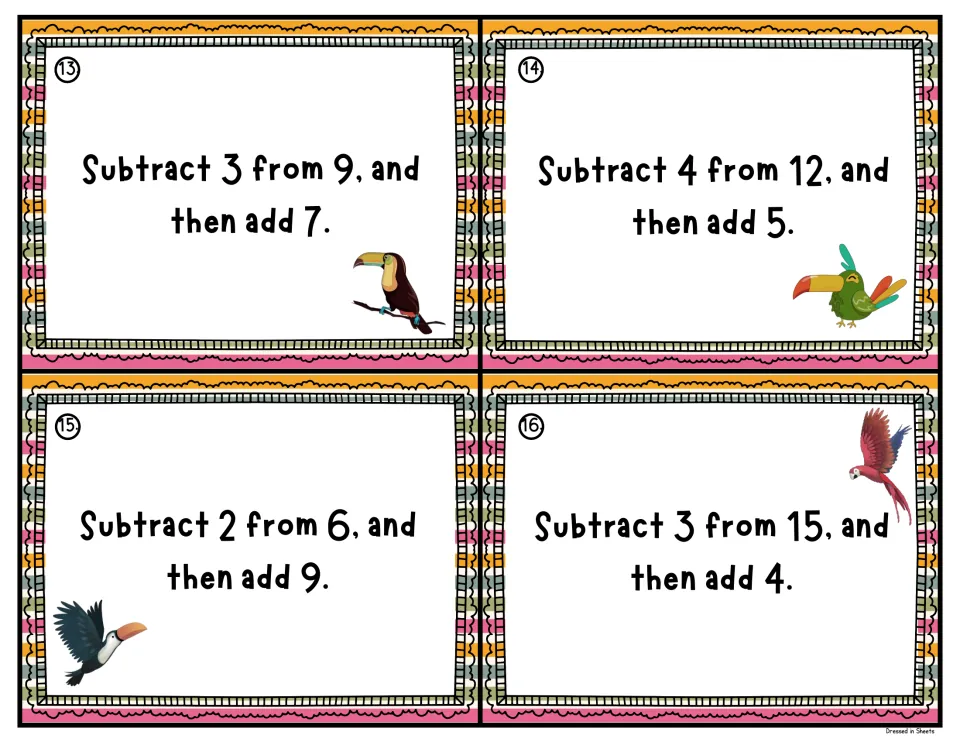 Task cards 13-16: students subtract first and then add, such as Subtract 4 from 12, and then add 5