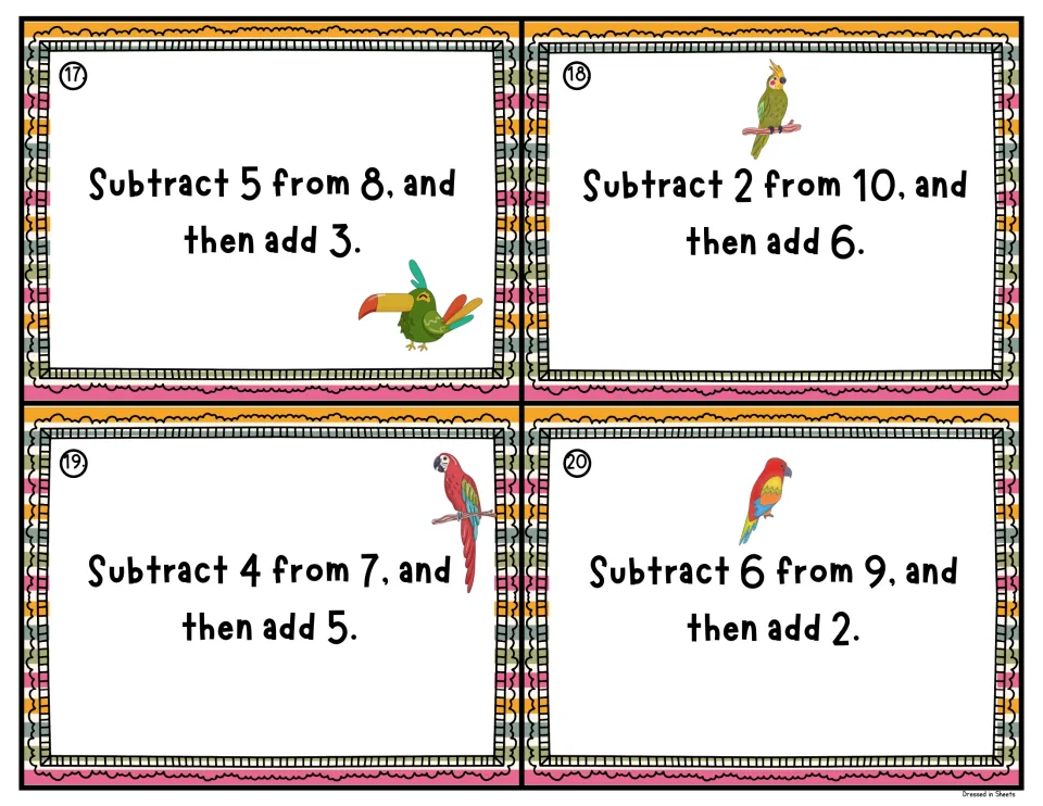Task cards 17-20: final subtract-then-add problems, like Subtract 6 from 9, and then add 2