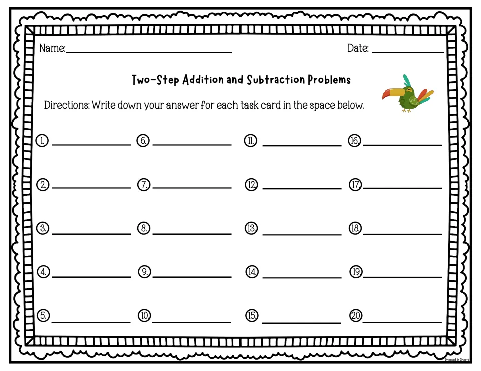 Recording sheet for two-step task cards: students write their answer to each of cards 1 to 20 beside its number