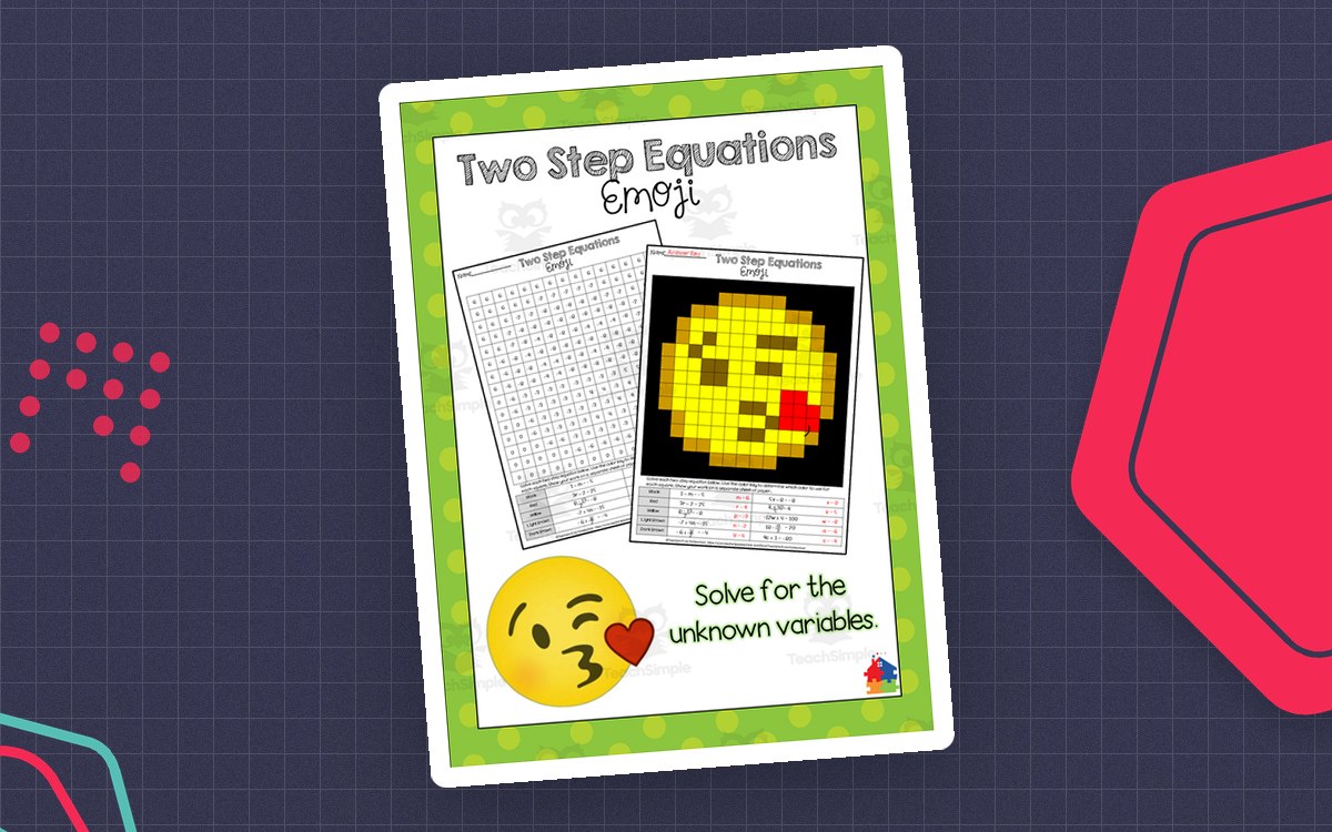 Two Step Equations Emoji activity cover with equation worksheets and a yellow emoji pixel-art answer grid