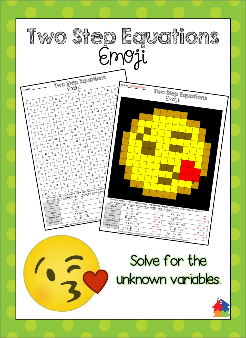 Two-step equations emoji cover showing the color-by-number sheet and its answer key beside a blowing-kiss emoji