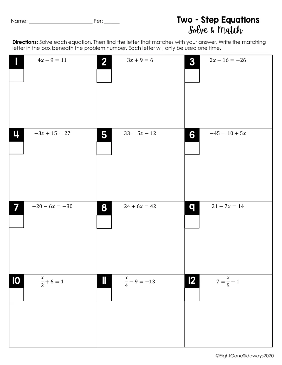 Two-step equations: students solve 12 problems such as 4x - 9 = 11 and x/2 + 6 = 1, then write each answer's matching letter