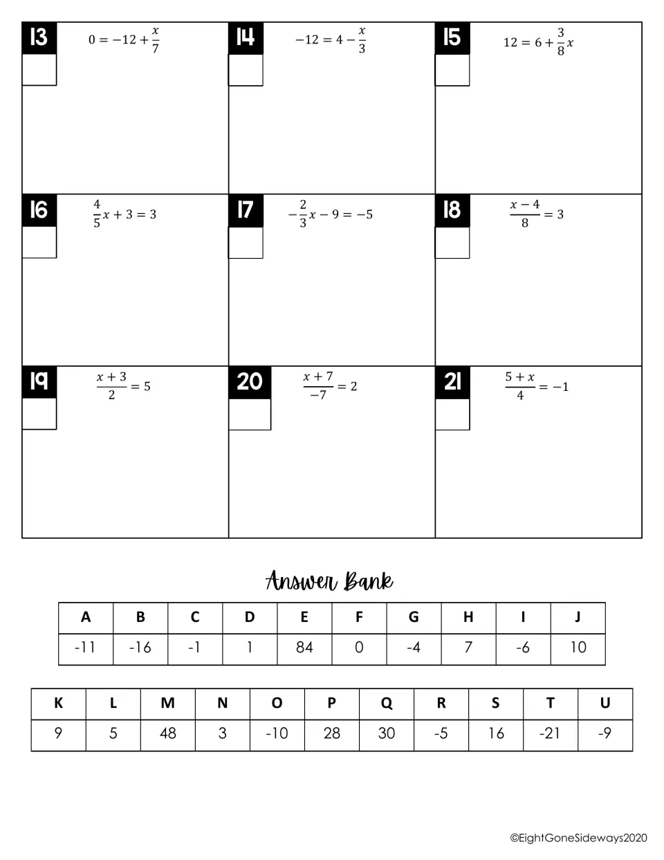 Fraction two-step equations 13–21, like (x + 3)/2 = 5, solved and matched to letters A–U in the answer bank