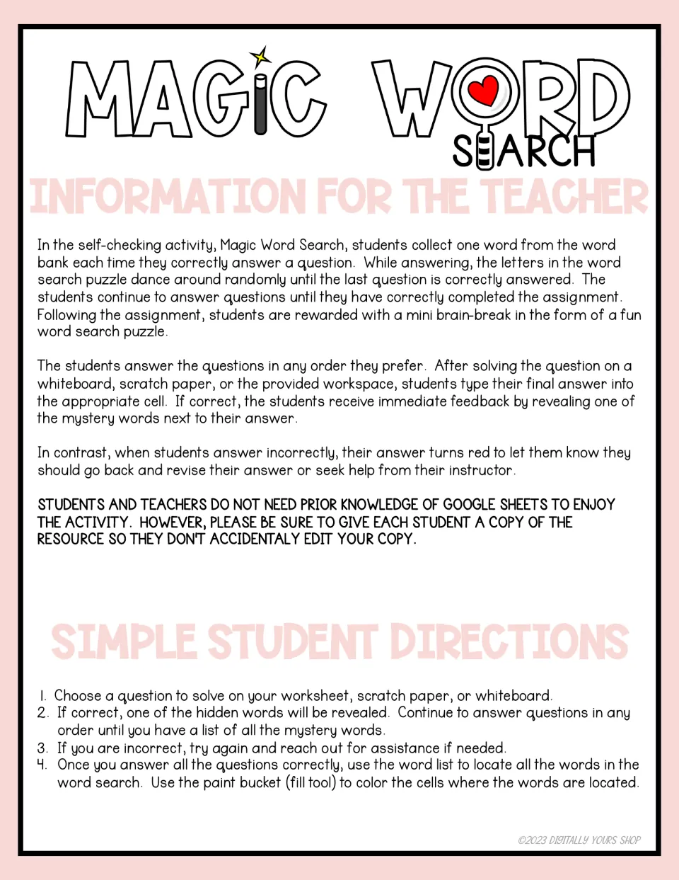 Magic Word Search teacher info: each correct answer reveals a mystery word to find and color in the Google Sheets puzzle