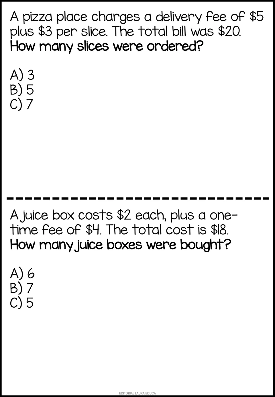 Pizza and juice box problems: students write and solve a fee-plus-rate equation to find slices and boxes, choosing A, B or C