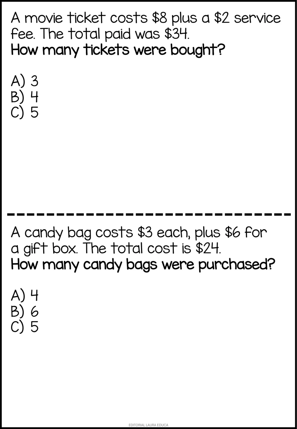 Movie ticket and candy bag problems: students set up two-step equations from totals of $34 and $24, then pick the answer