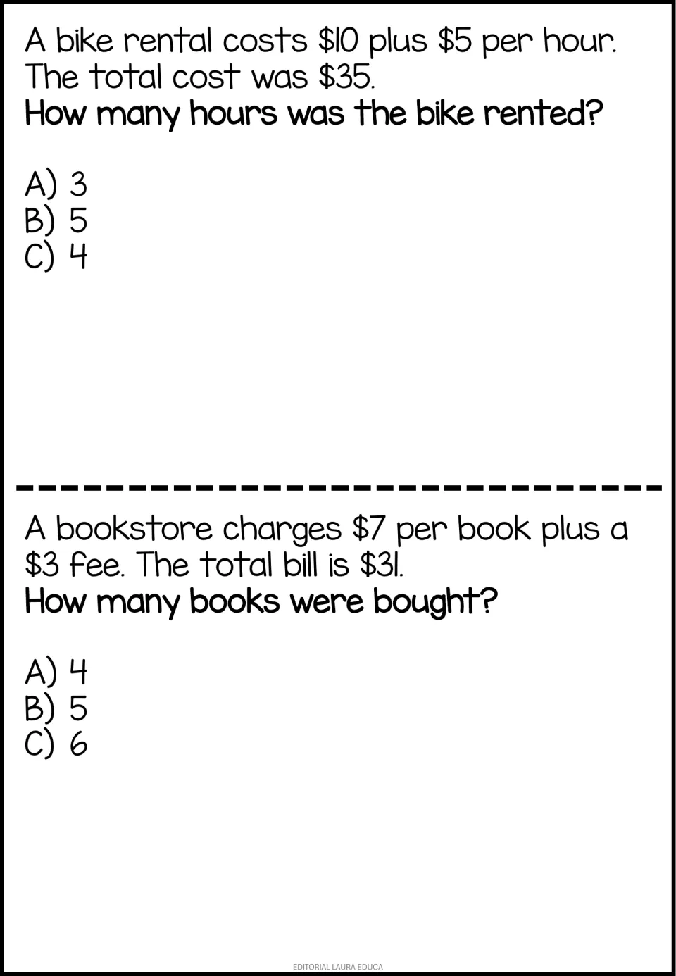 Bike rental and bookstore problems: students solve for the number of hours and books from a flat fee, unit price and total