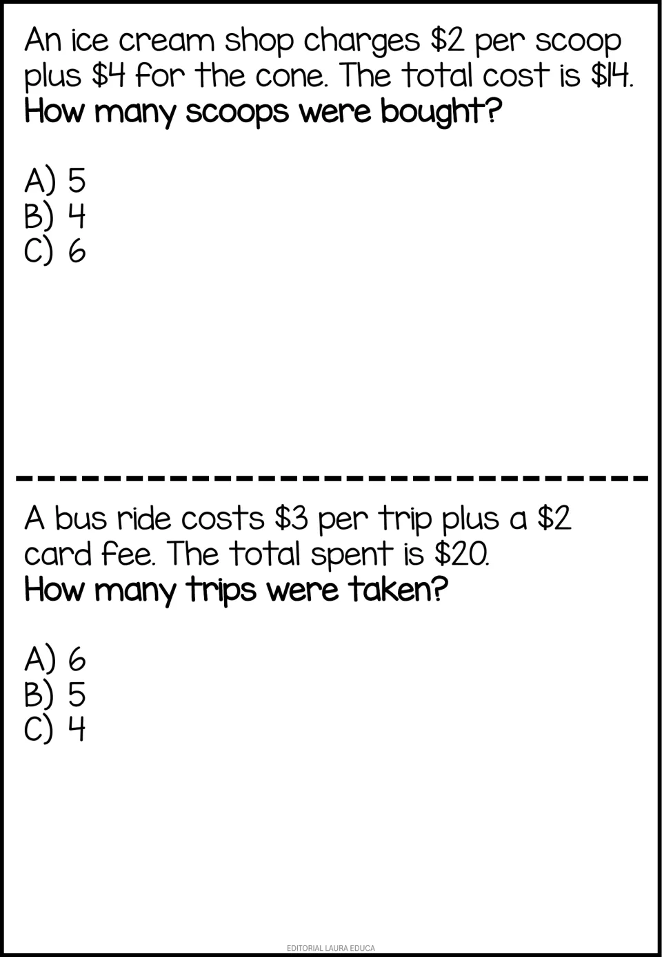 Ice cream and bus ride problems: students write and solve equations to find how many scoops and trips, picking A, B or C