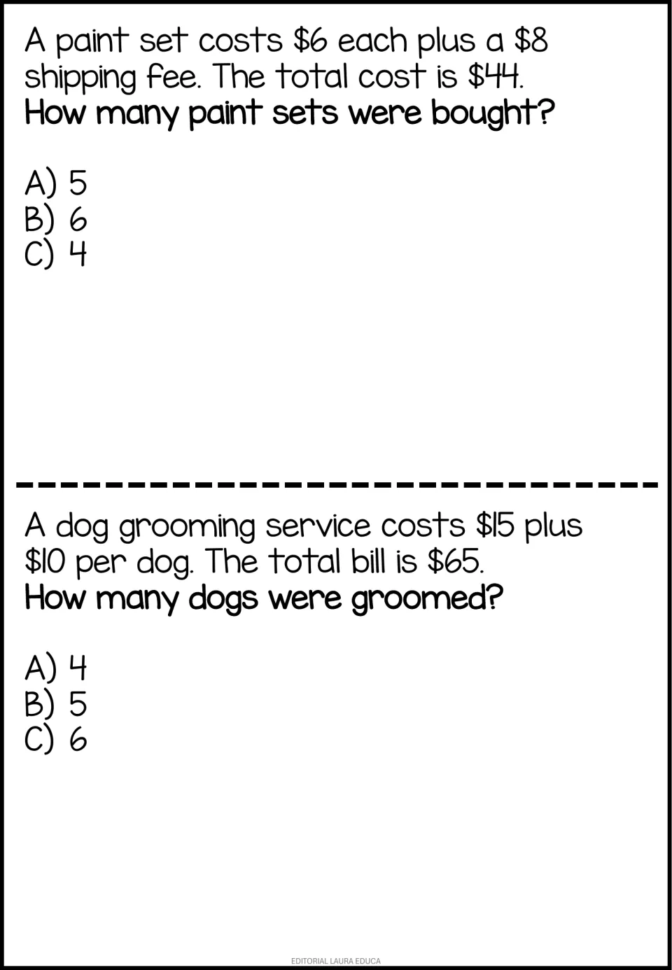 Paint set and dog grooming problems: students use a shipping or base fee plus cost per item to find how many sets and dogs