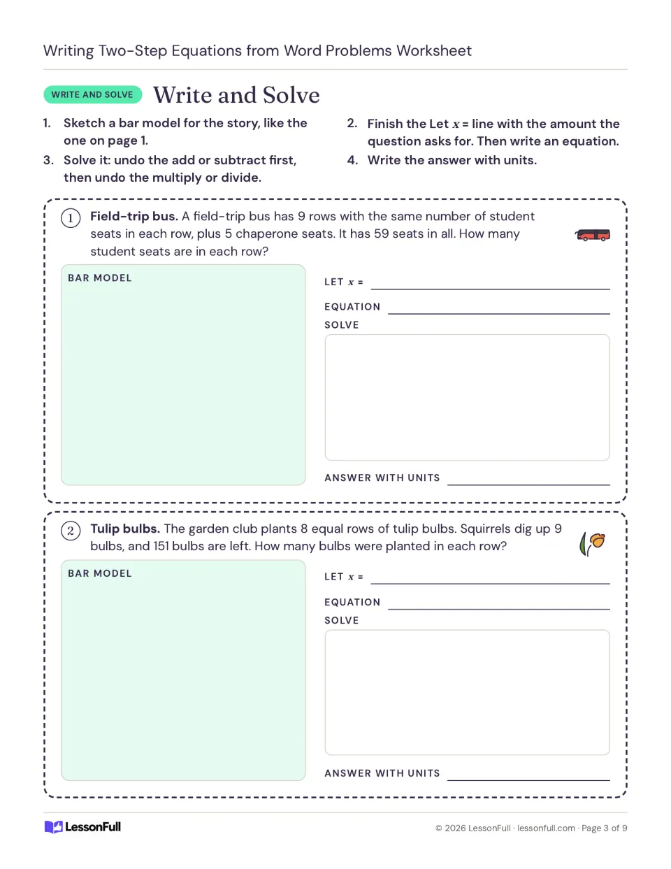 Write and Solve: sketch a bar model, write and solve equations for a field-trip bus and tulip bulbs problem