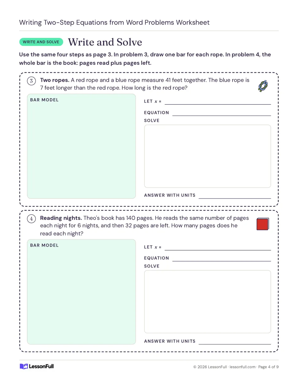 Write and Solve continued: bar models and equations for a two ropes problem and a reading nights problem