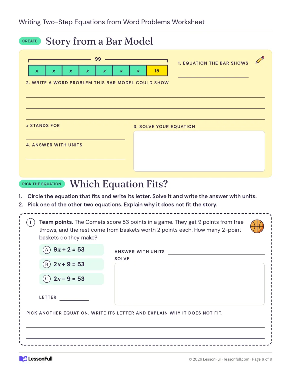 Students write a word problem from a bar model totaling 99, then choose which equation fits a team points story