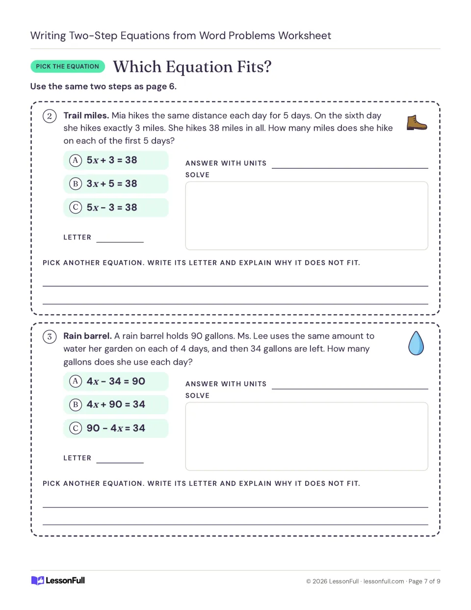 Which Equation Fits? continued: choose the right equation for trail miles and rain barrel stories and explain why