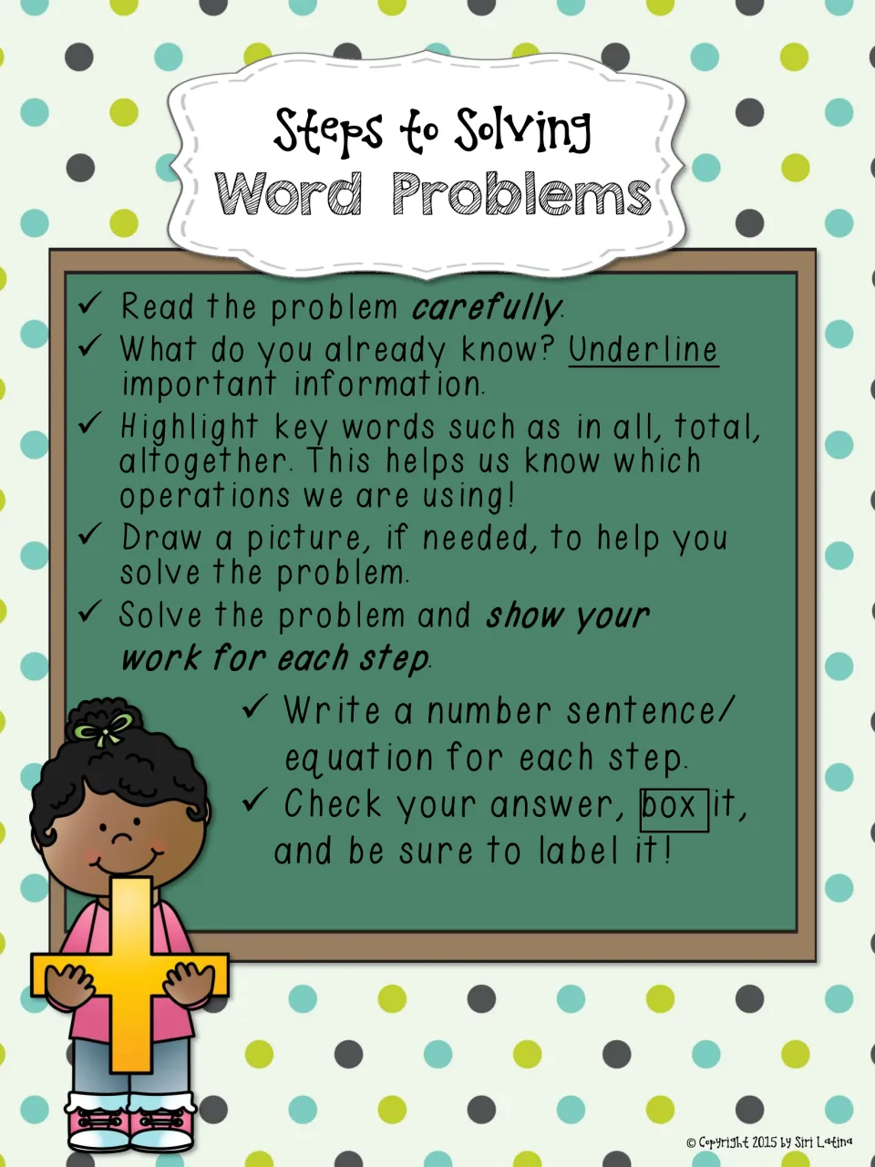 Steps to Solving Word Problems color poster: read carefully, underline facts, highlight key words, show work for each step