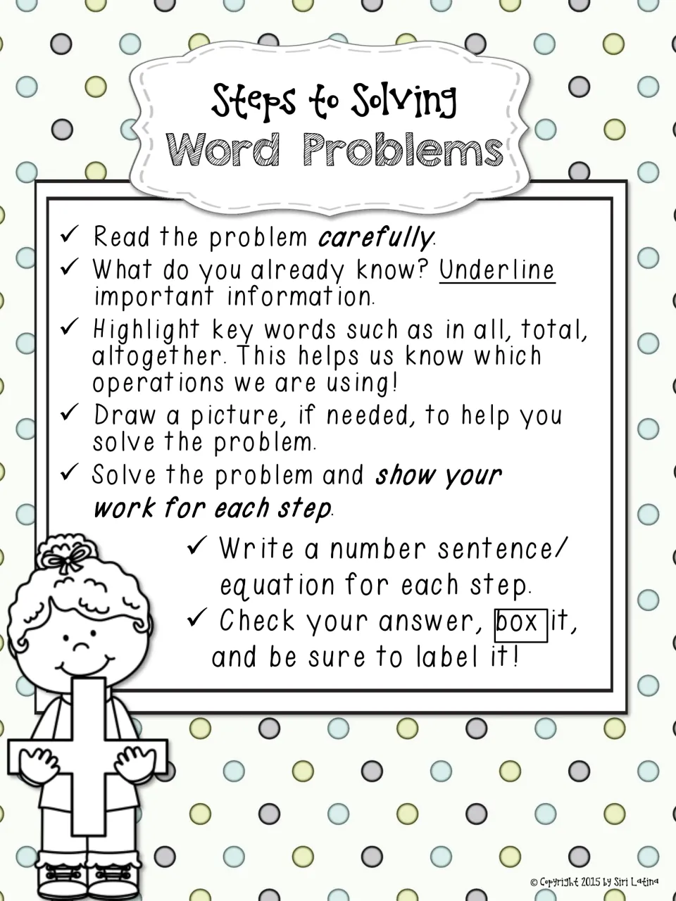 Black-and-white Steps to Solving Word Problems poster: draw a picture, write an equation per step, box and label answer