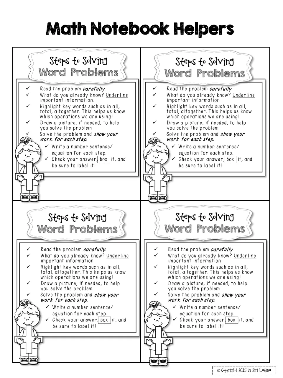 Math Notebook Helpers: four small copies of the steps for solving word problems checklist for students to glue in