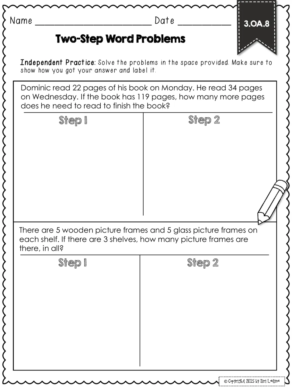 Independent practice, 3.OA.8: students solve book pages and picture frames problems, showing Step 1 and Step 2 work
