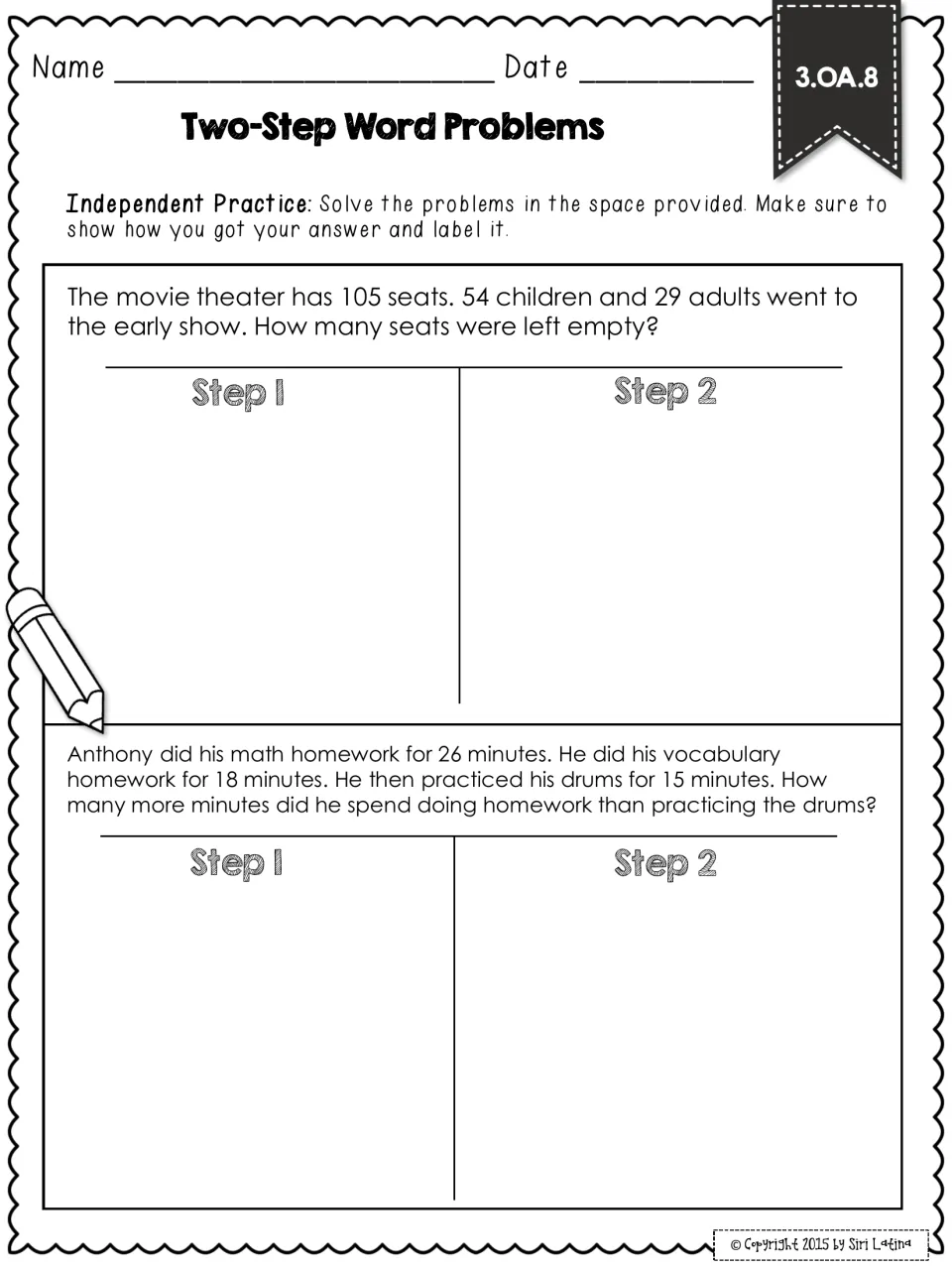 Two-step practice: students find empty movie theater seats and compare Anthony's homework and drum minutes in two steps