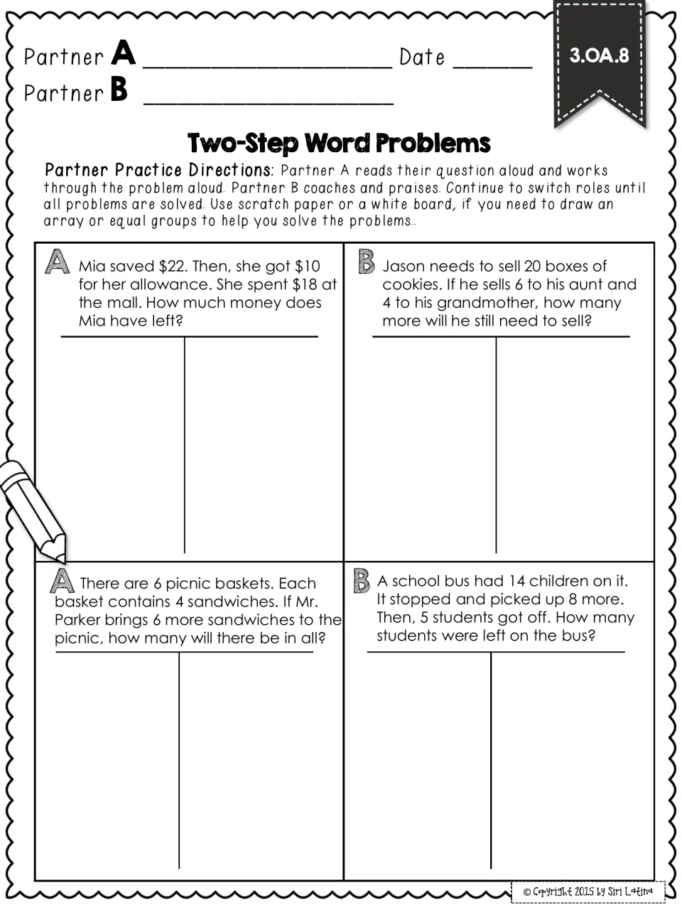 Partner practice: Partner A solves aloud while B coaches; problems on Mia's money, cookies, picnic sandwiches, a bus