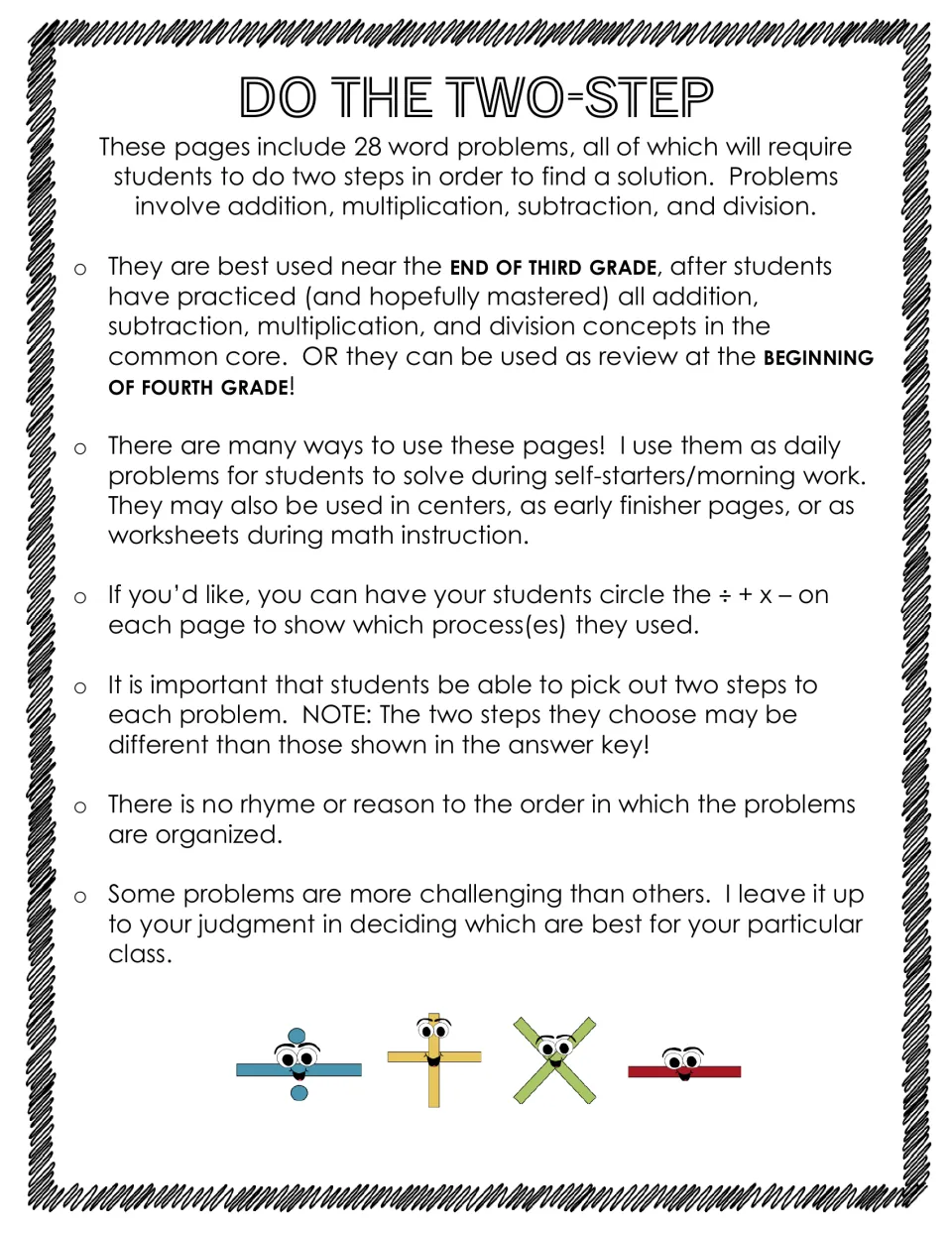 Teacher directions for 28 two-step word problems using addition, subtraction, multiplication, and division