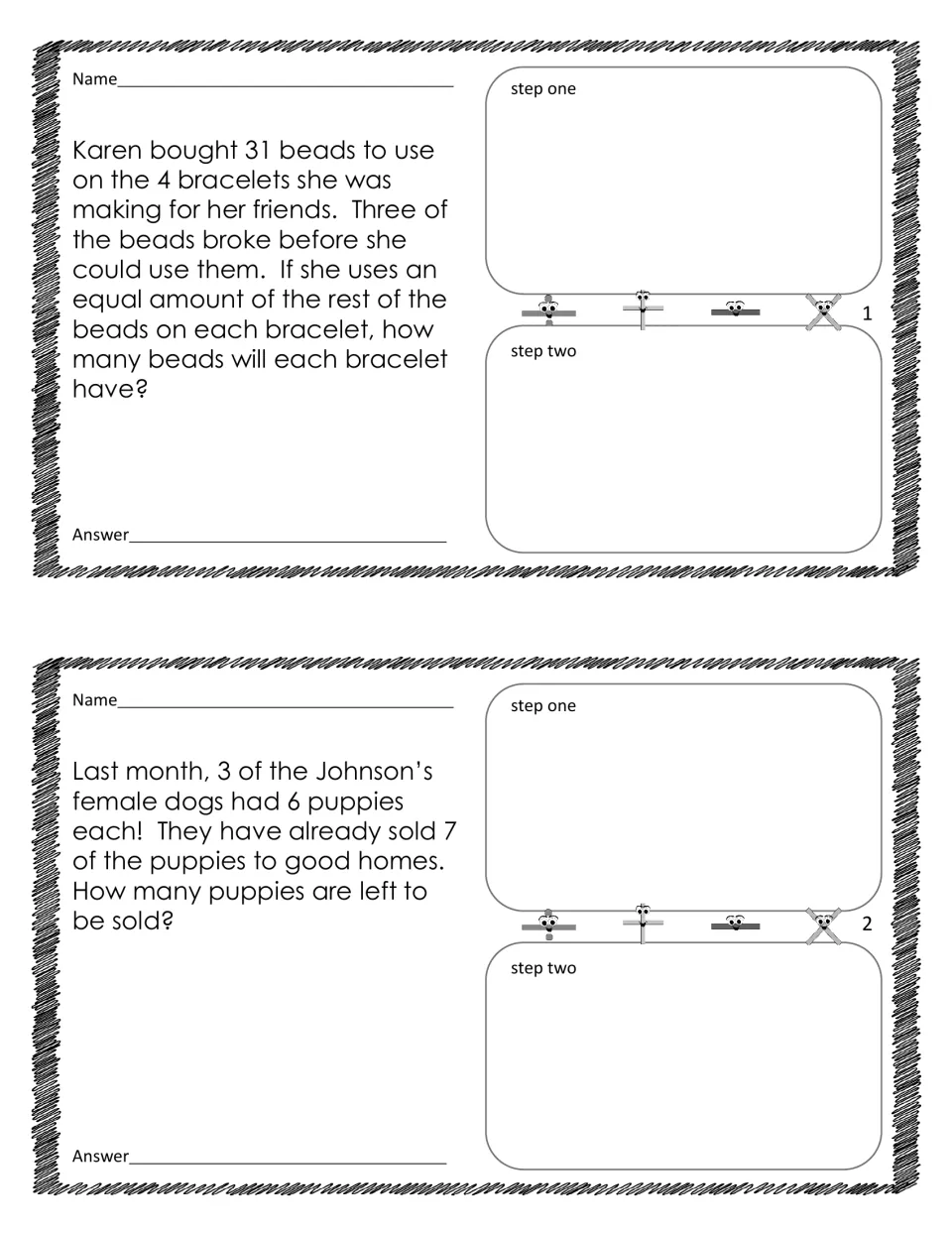Two-step word problems 1–2: sharing 31 beads after 3 break and finding puppies left after 7 are sold