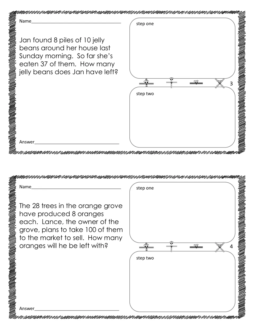 Two-step word problems 3–4: jelly beans left after eating 37 and oranges left after taking 100 to market