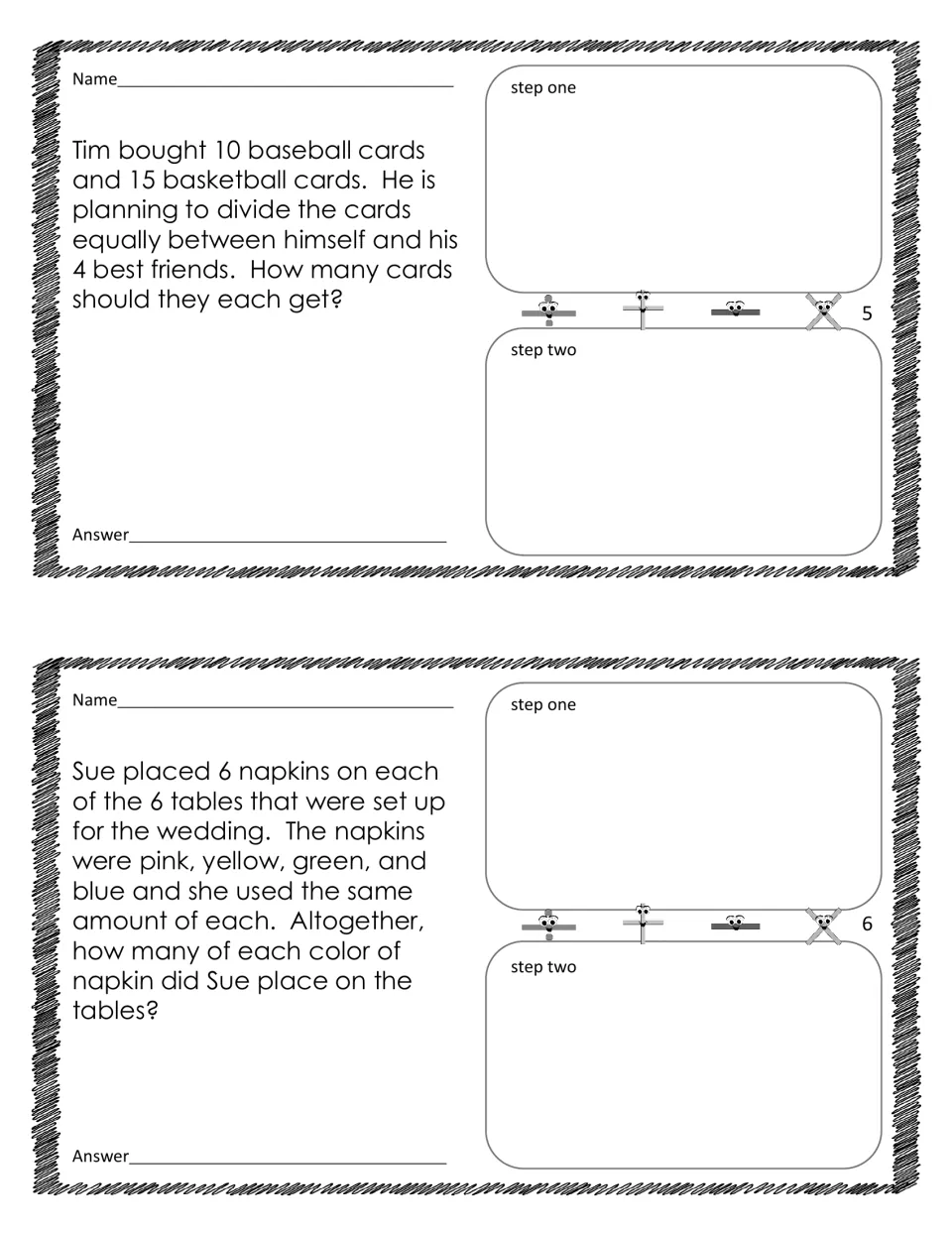 Two-step word problems 5–6: sharing 25 sports cards among 5 people and dividing 36 napkins into 4 colors
