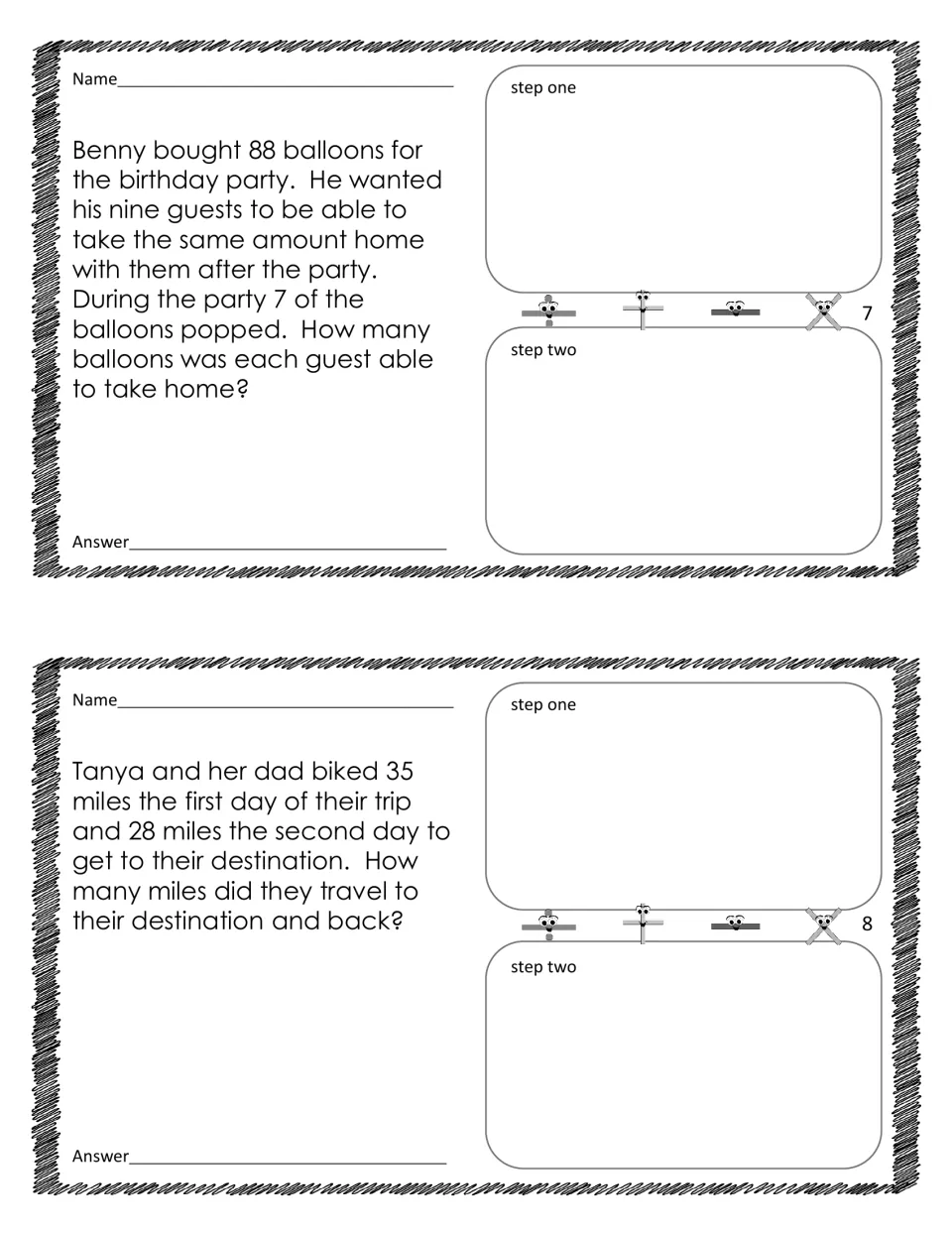 Two-step word problems 7–8: sharing balloons after 7 pop and finding a round-trip distance from 35 and 28 miles