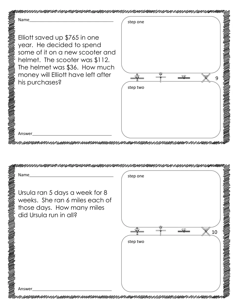 Two-step word problems 9–10: money left from $765 after two purchases and miles run over 8 weeks