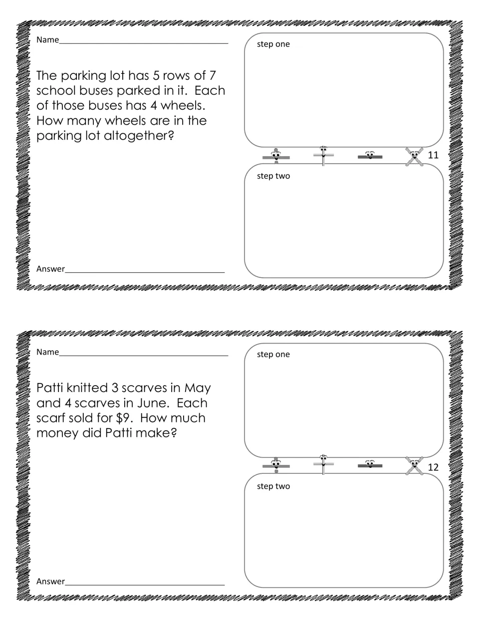 Two-step word problems 11–12: wheels on 5 rows of 7 buses and earnings from selling 3 plus 4 scarves
