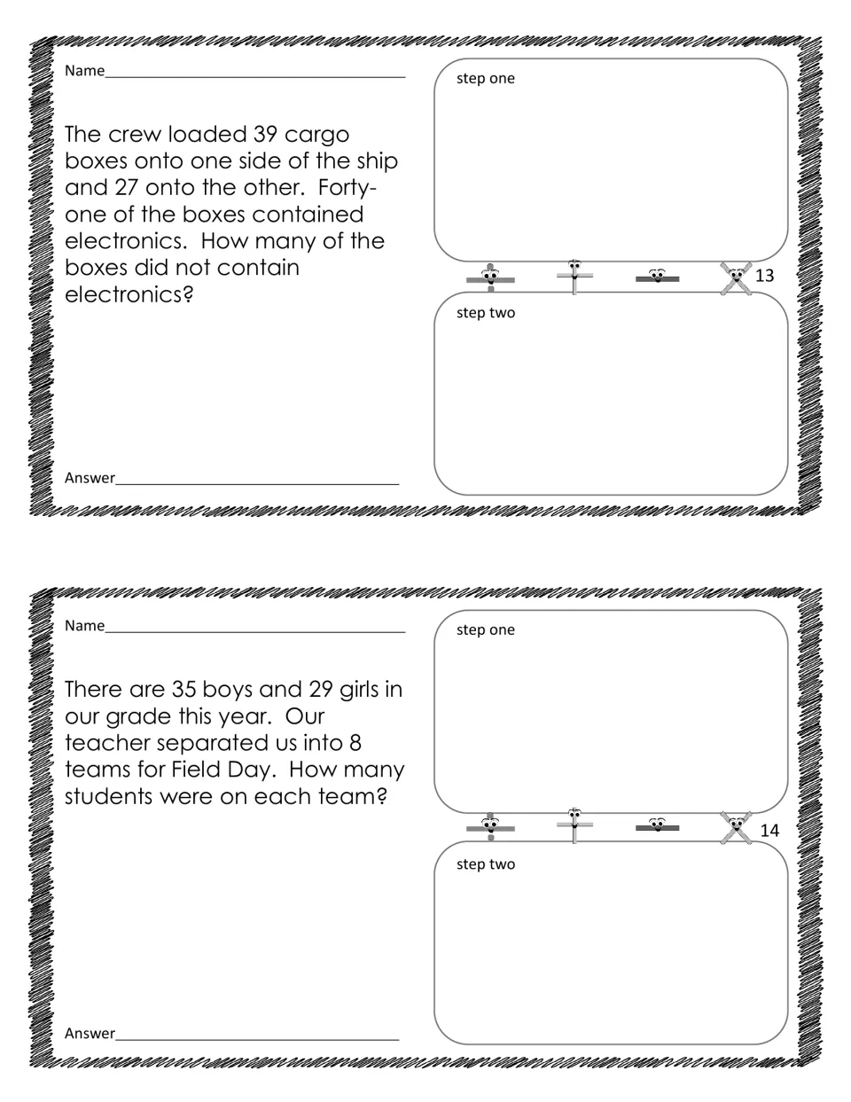 Two-step word problems 13–14: cargo boxes without electronics and splitting 35 boys and 29 girls into 8 teams