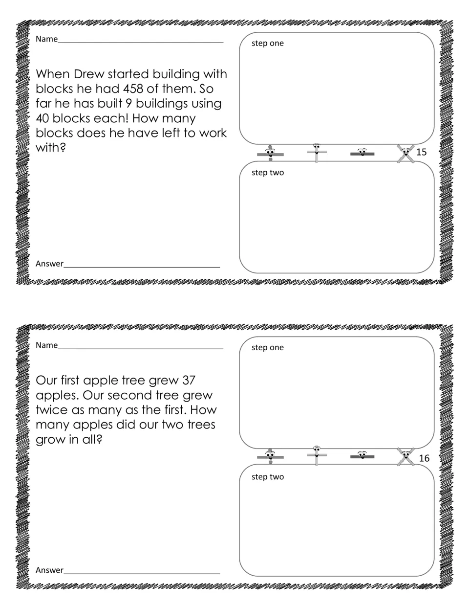 Two-step word problems 15–16: blocks left after 9 buildings and apples from trees yielding 37 and twice as many