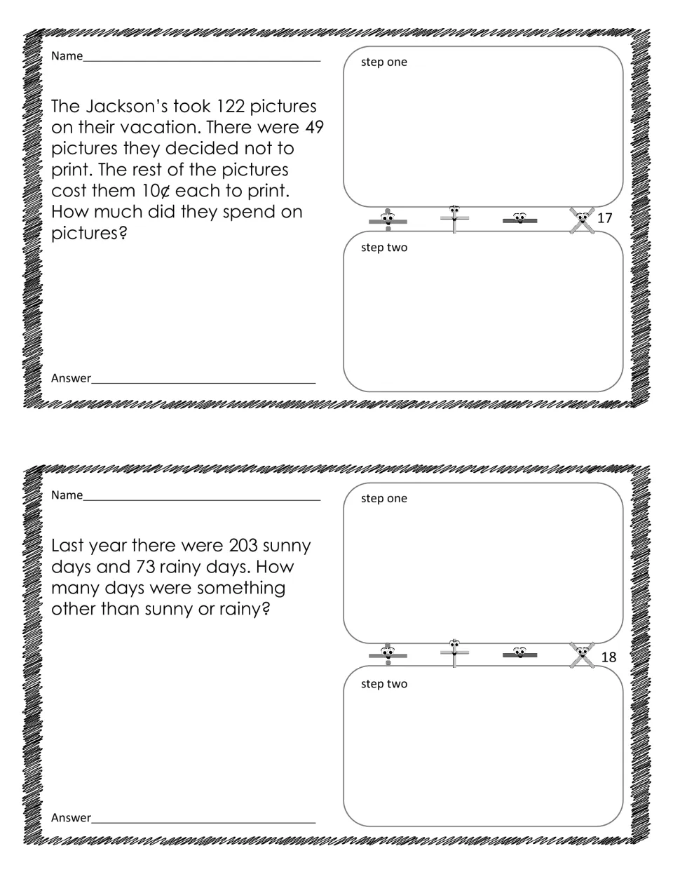 Two-step word problems 17–18: printing photos at 10 cents each and counting days neither sunny nor rainy