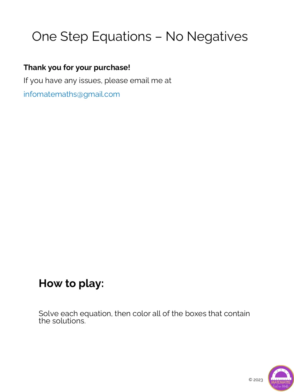 Instructions for the equation coloring activity: solve each equation, then color all matching solutions.