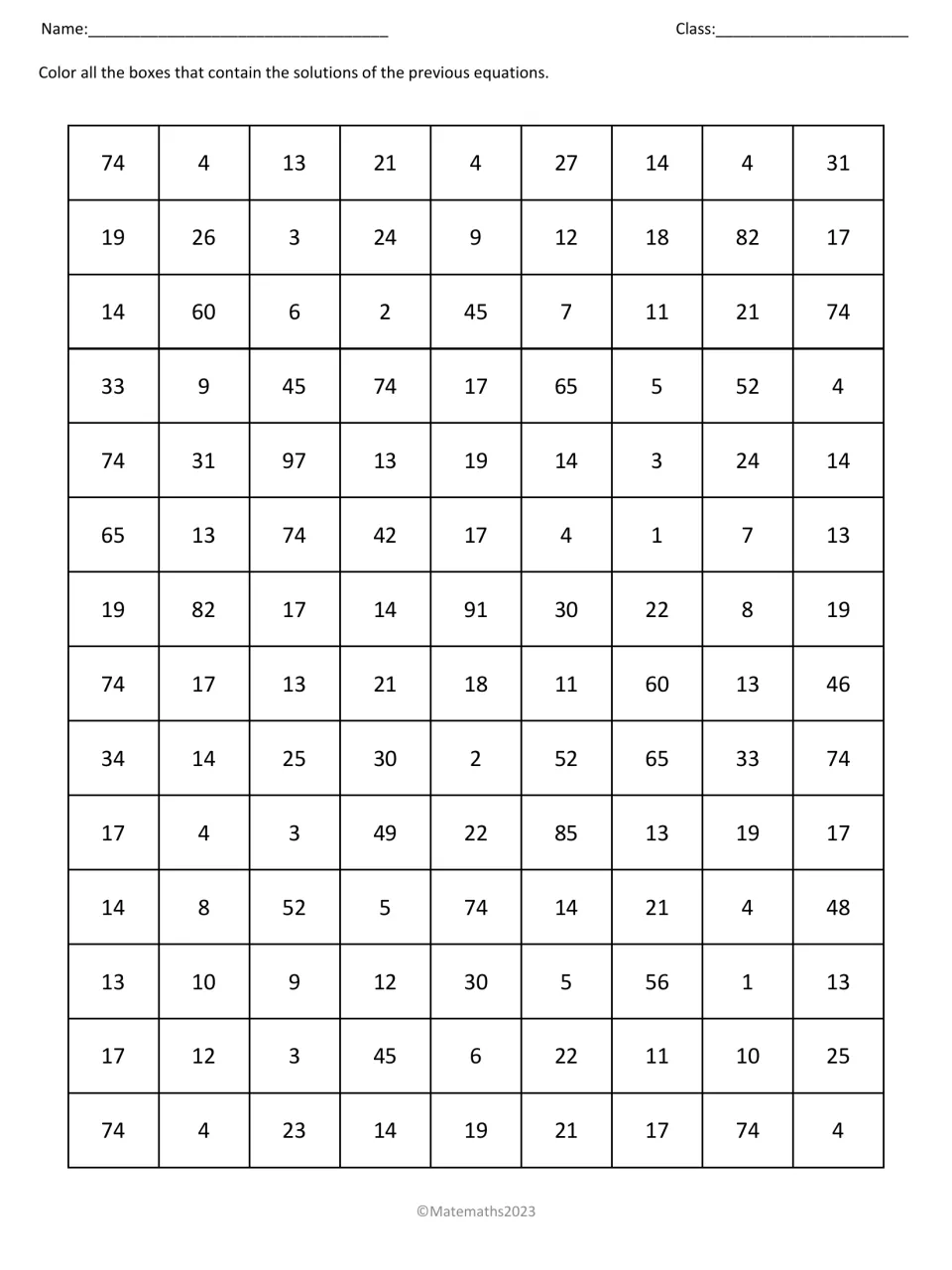 Coloring activity for the 20 equations: find and color every matching solution among numbers such as 3 and 24.