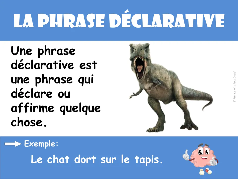 French declarative sentence poster defining statements, with 'Le chat dort sur le tapis' (The cat sleeps on the rug)