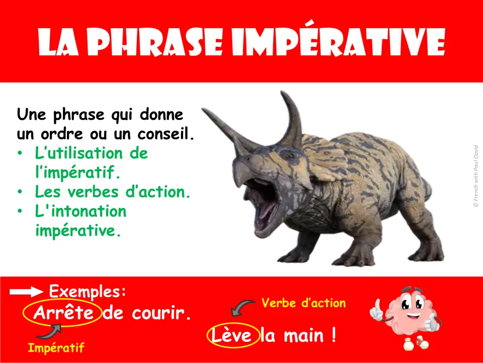 French imperative sentence poster explaining orders and advice, with 'Lève la main !' (Raise your hand!)