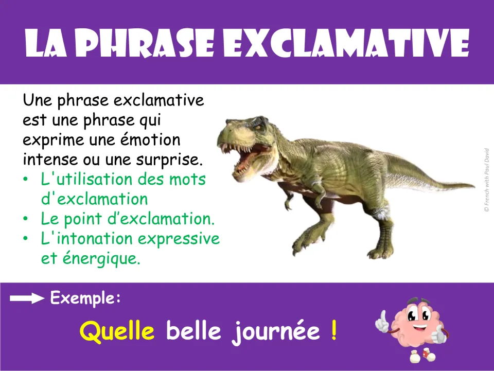 French exclamatory sentence poster explaining strong emotion, with 'Quelle belle journée !' (What a beautiful day!)