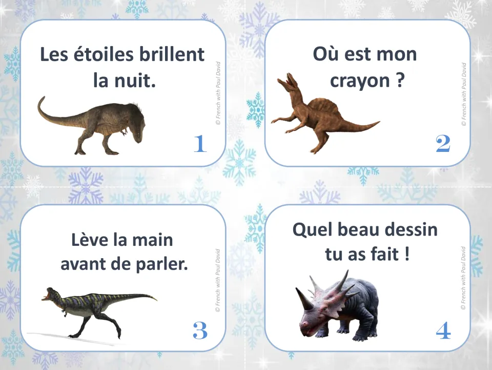 French sentence-type task cards 1–4 about stars at night, a missing pencil, raising a hand, and a beautiful drawing