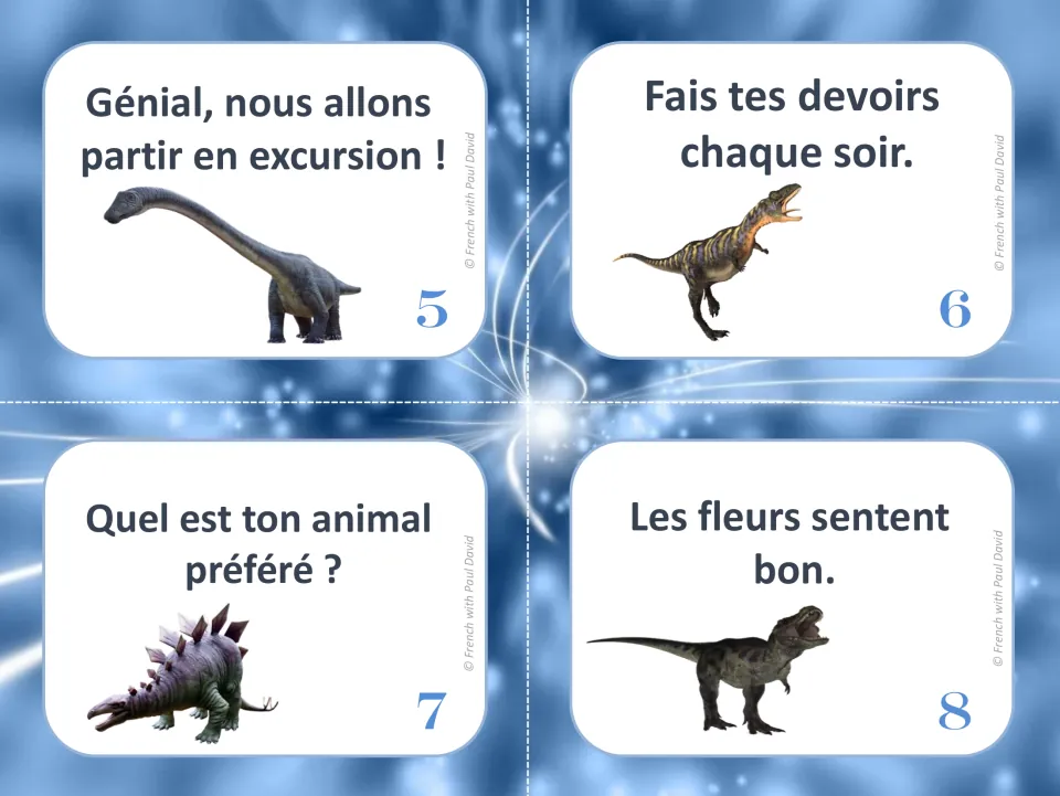 French sentence-type task cards 5–8 about an excursion, nightly homework, a favorite animal, and fragrant flowers