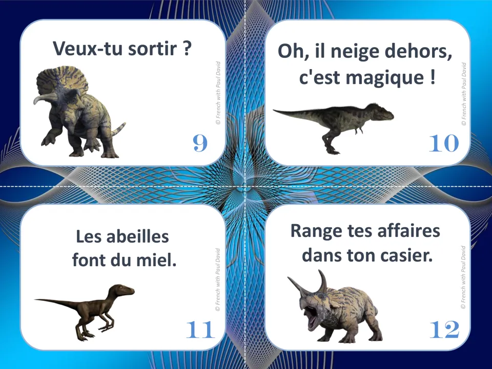 French sentence-type task cards 9–12 about going out, magical snowfall, bees making honey, and putting things away