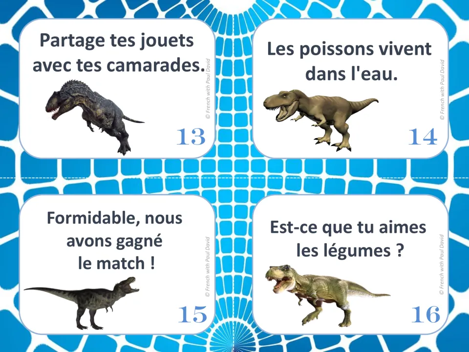 French sentence-type task cards 13–16 about sharing toys, fish living in water, winning a game, and liking vegetables