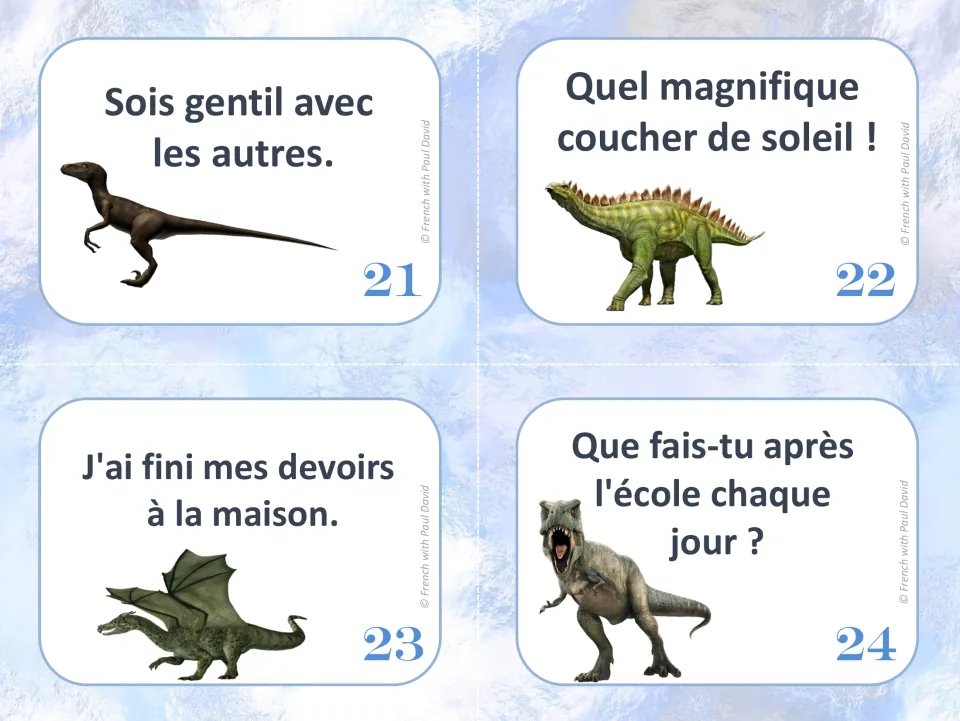 French sentence-type task cards 21–24 about kindness, a magnificent sunset, finished homework, and after-school plans
