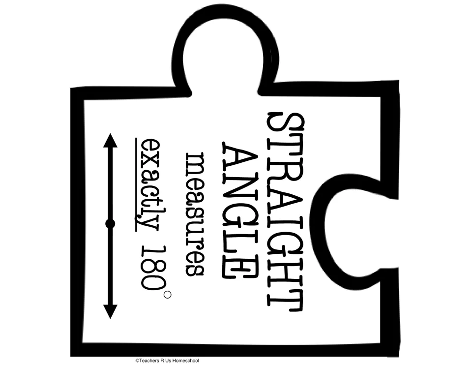 Straight angle puzzle piece stating it measures exactly 180 degrees, shown as a line with arrows on both ends and a vertex