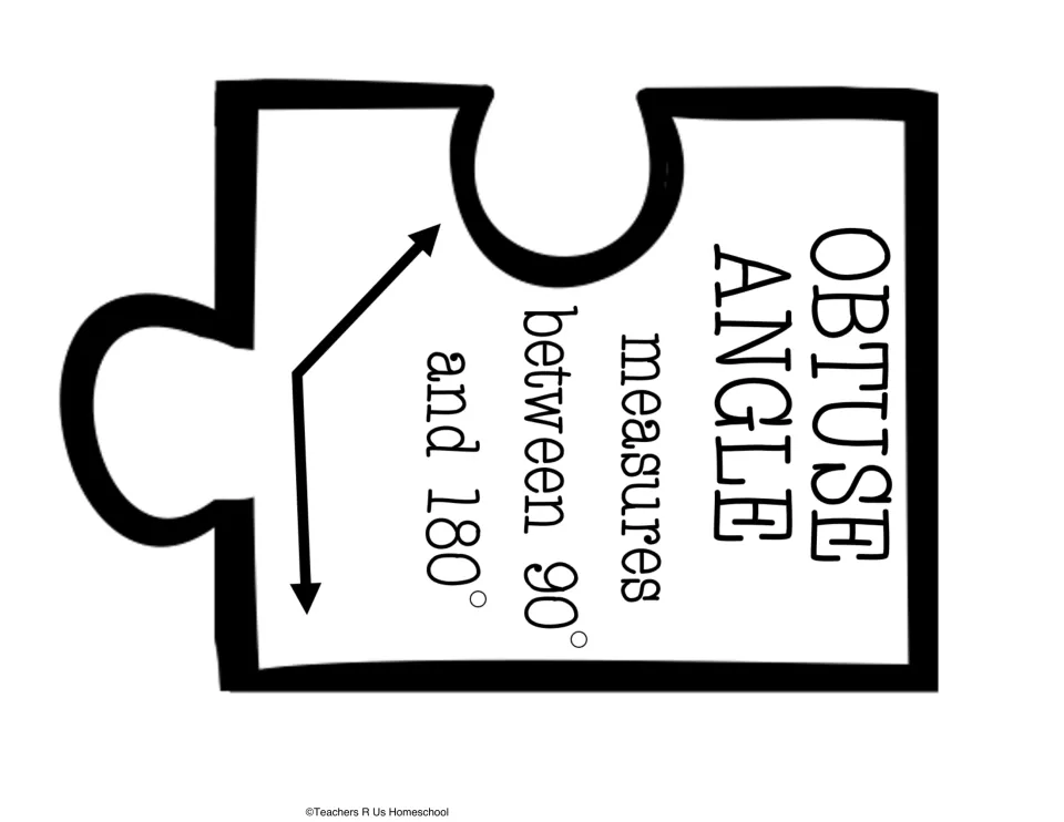 Obtuse angle puzzle piece defining it as measuring between 90 and 180 degrees, with a wide two-ray angle drawn