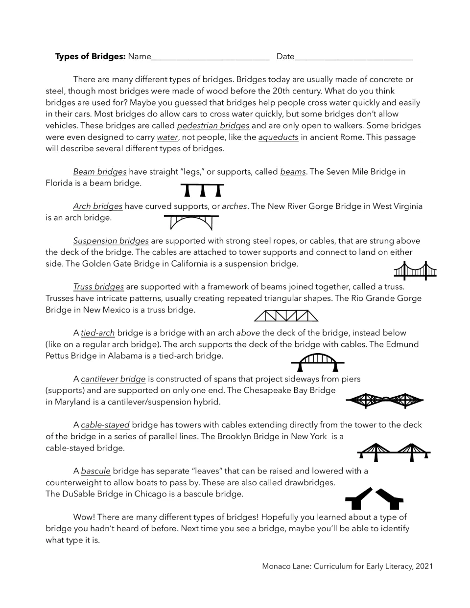Reading passage on bridge types: students read how beam, arch, suspension, truss and bascule bridges are built and used