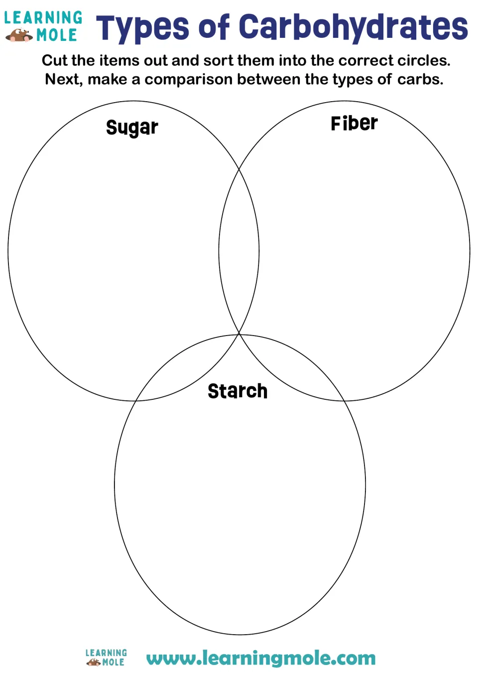 Types of carbohydrates sort: students place cut-out foods in a three-circle Venn diagram for sugar, fiber and starch