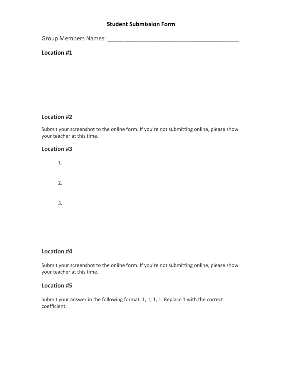 Student Submission Form: group names, space for Locations #1-#5, three numbered Location #3 answers and coefficient format