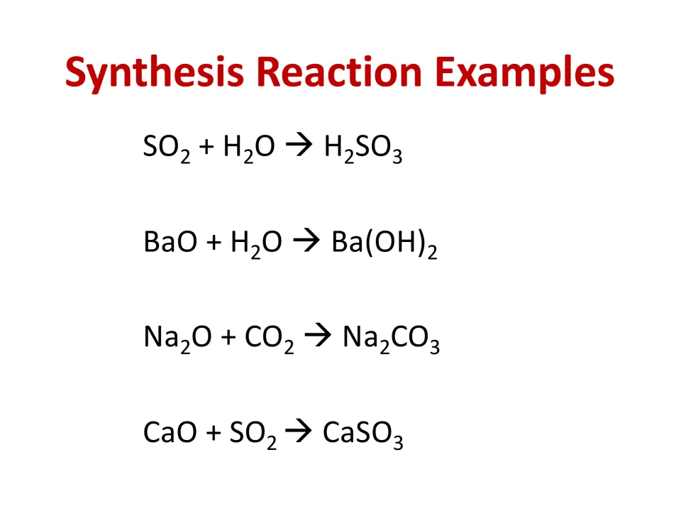 Synthesis reaction examples: four equations including SO2 + H2O → H2SO3 and Na2O + CO2 → Na2CO3 with one product each